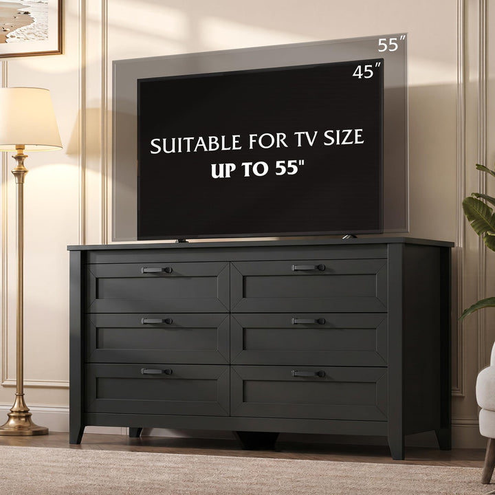 WLIVE Black Dresser 6 Drawers for Bedroom, Wood Dresser TV Stand for 55" TV 