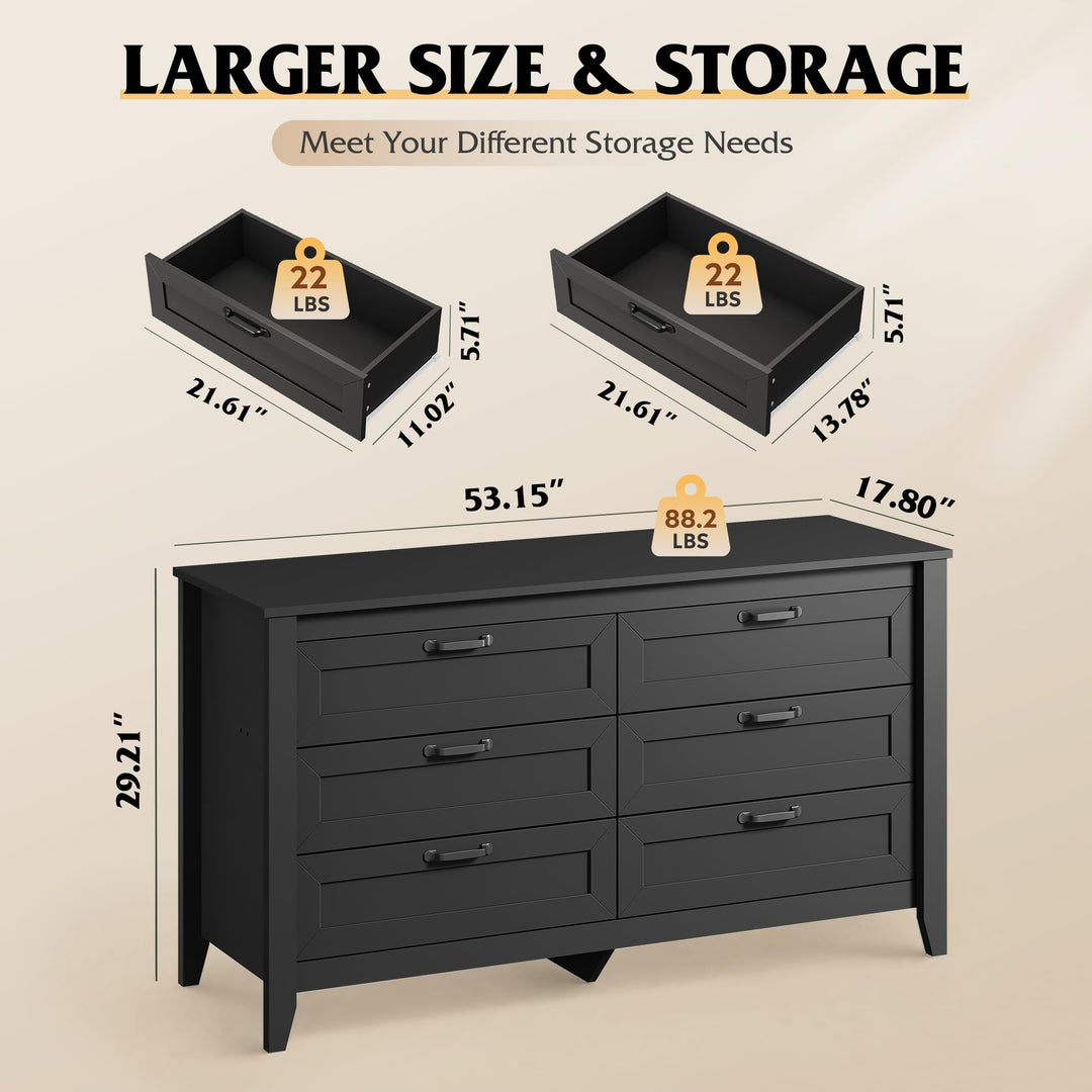 WLIVE Black Dresser 6 Drawers for Bedroom, Wood Dresser TV Stand for 55" TV 