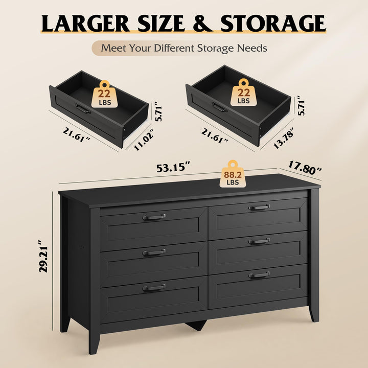 WLIVE Black Dresser 6 Drawers for Bedroom, Wood Dresser TV Stand for 55" TV 