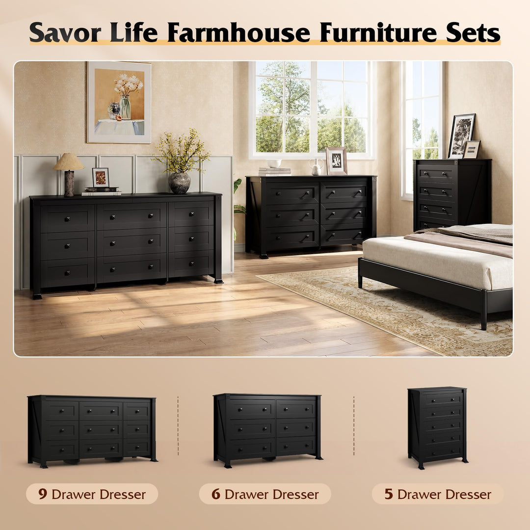 WLIVE Black Dresser 6 Drawers for Bedroom, Wood Dresser TV Stand for 55" TV 