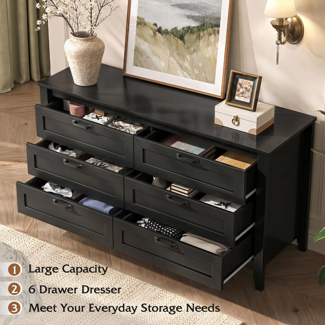 WLIVE Black Dresser 6 Drawers for Bedroom, Wood Dresser TV Stand for 55" TV 