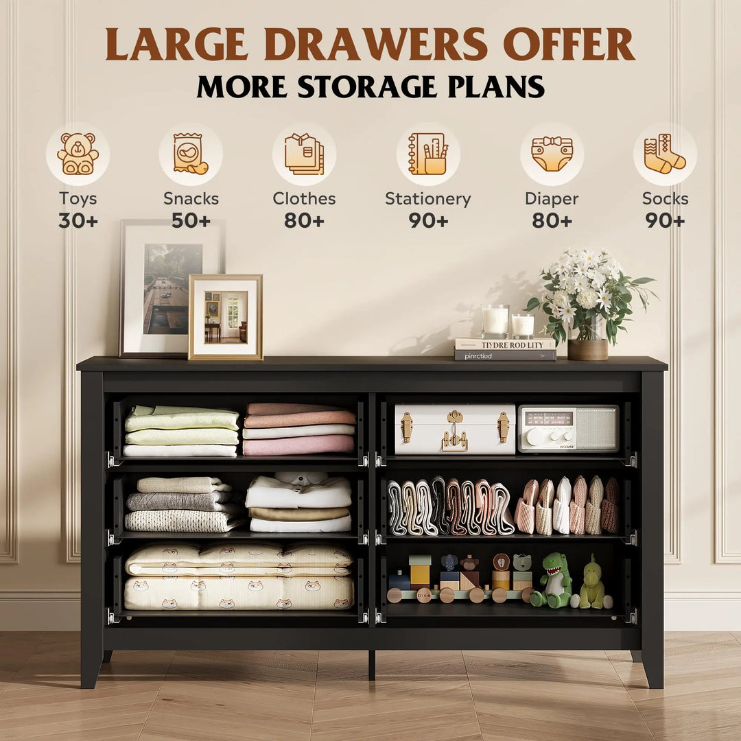 WLIVE Black Dresser 6 Drawers for Bedroom, Wood Dresser TV Stand for 55" TV 