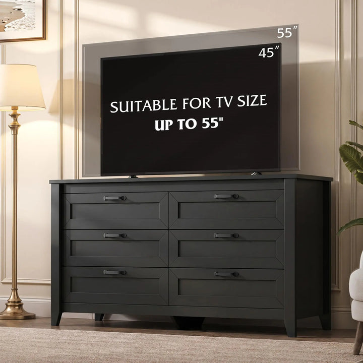 WLIVE Black Dresser 6 Drawers for Bedroom, Wood Dresser TV Stand for 55" TV 