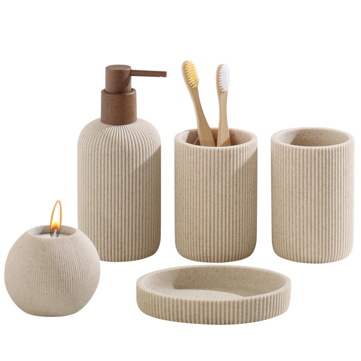 WUUAHOME Bathroom Accessories Set, 5 PCS Modern Bath Organizer, Beige 