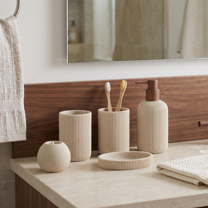 WUUAHOME Bathroom Accessories Set, 5 PCS Modern Bath Organizer, Beige 