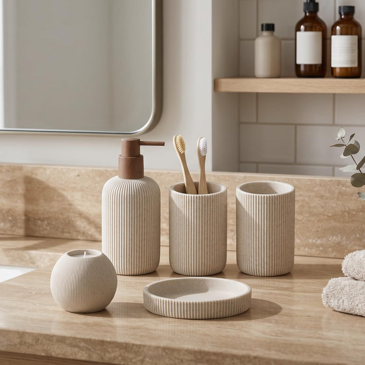 WUUAHOME Bathroom Accessories Set, 5 PCS Modern Bath Organizer, Beige 
