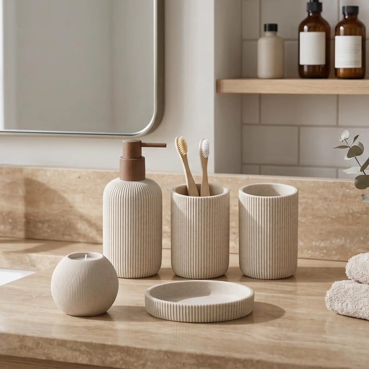 WUUAHOME Bathroom Accessories Set, 5 PCS Modern Bath Organizer, Beige 