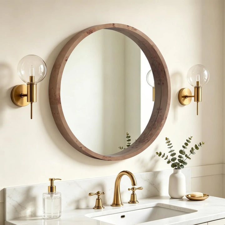 WallBeyond 24 Inch Round Wood Mirror, Burlwood Grain Wood Frame Circle Mirror, Versatile Wall Decor for Bathroom Vanity, Living Room, Bedroom and Entryway, Natural 