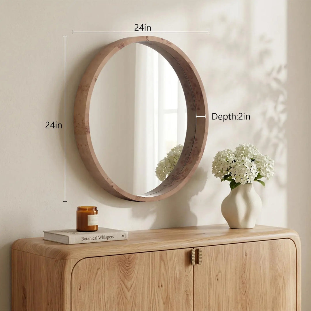 WallBeyond 24 Inch Round Wood Mirror, Burlwood Grain Wood Frame Circle Mirror, Versatile Wall Decor for Bathroom Vanity, Living Room, Bedroom and Entryway, Natural 
