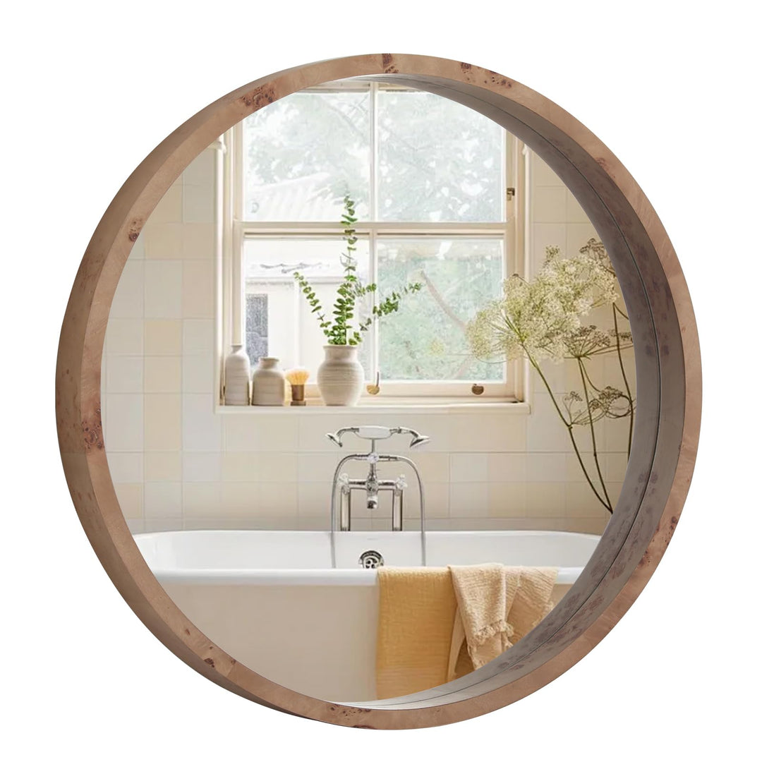 WallBeyond 24 Inch Round Wood Mirror, Burlwood Grain Wood Frame Circle Mirror, Versatile Wall Decor for Bathroom Vanity, Living Room, Bedroom and Entryway, Natural 