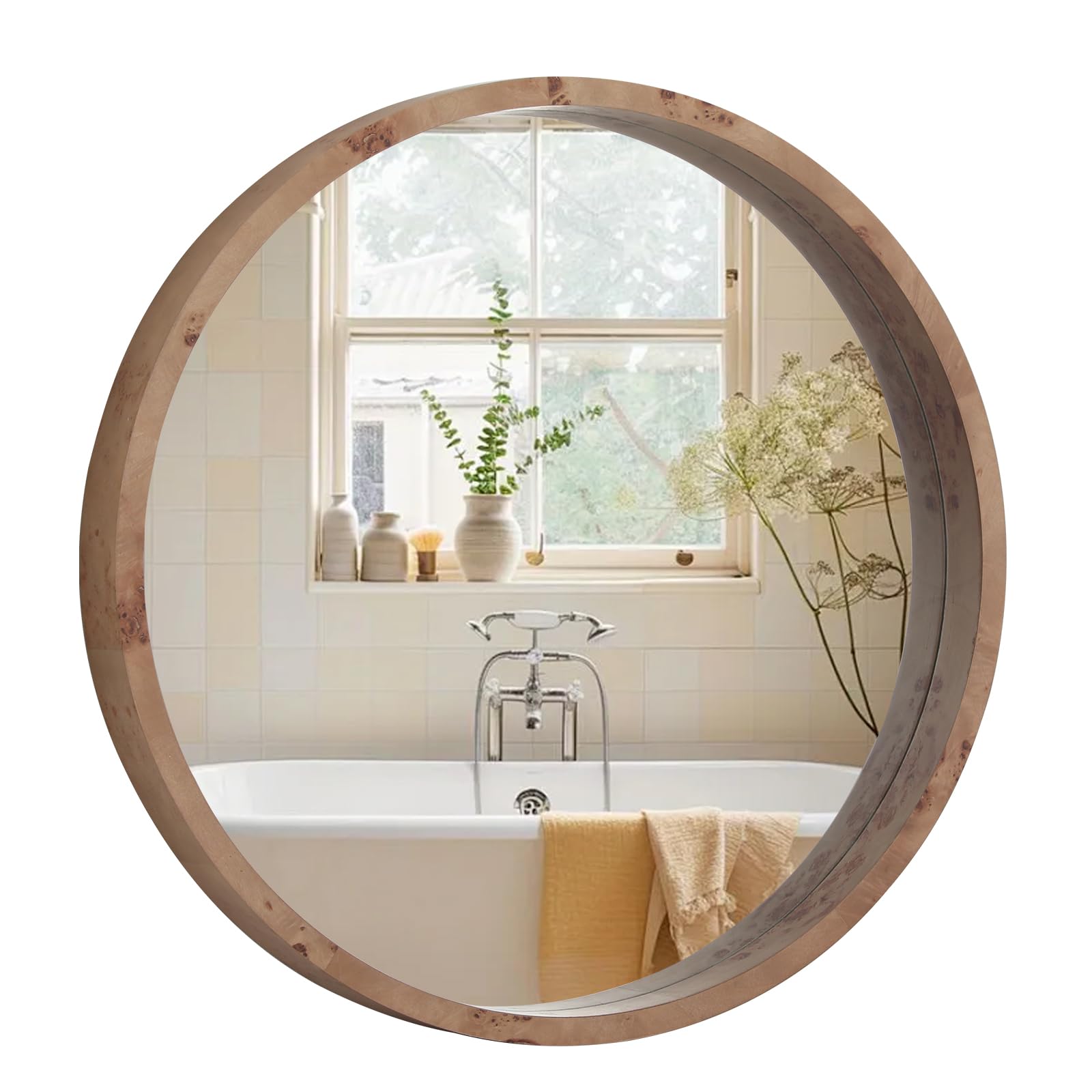 WallBeyond 24 Inch Round Wood Mirror, Burlwood Grain Wood Frame Circle Mirror, Versatile Wall Decor for Bathroom Vanity, Living Room, Bedroom and Entryway, Natural 