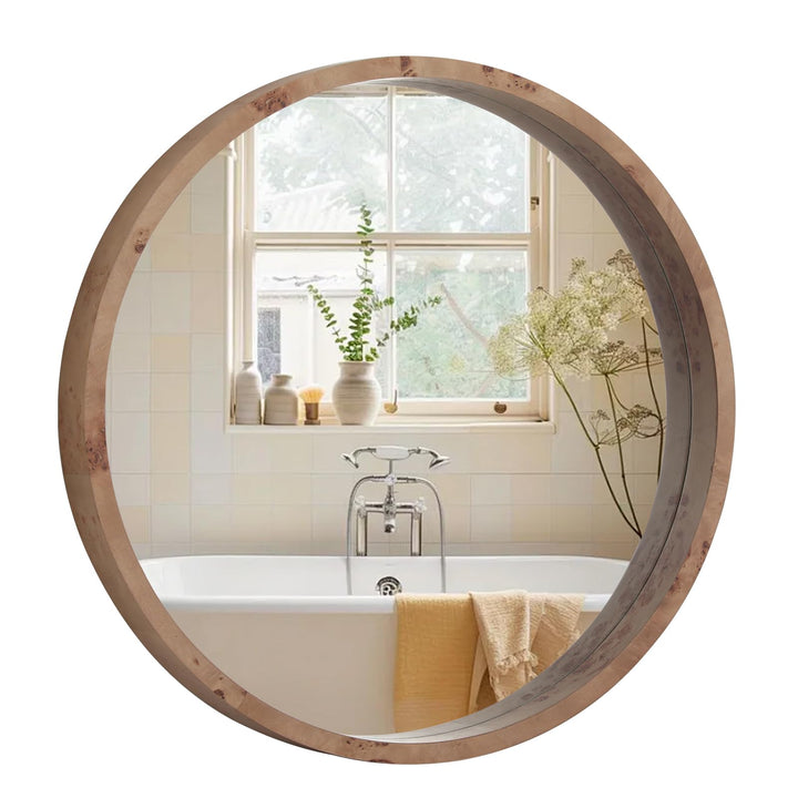 WallBeyond 24 Inch Round Wood Mirror, Burlwood Grain Wood Frame Circle Mirror, Versatile Wall Decor for Bathroom Vanity, Living Room, Bedroom and Entryway, Natural 