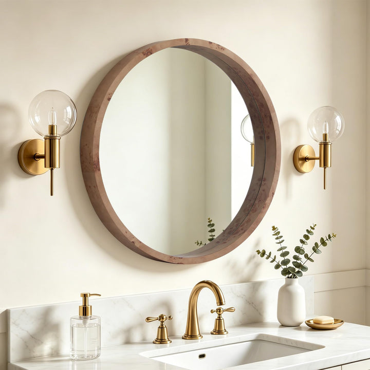 WallBeyond 24 Inch Round Wood Mirror, Burlwood Grain Wood Frame Circle Mirror, Versatile Wall Decor for Bathroom Vanity, Living Room, Bedroom and Entryway, Natural 