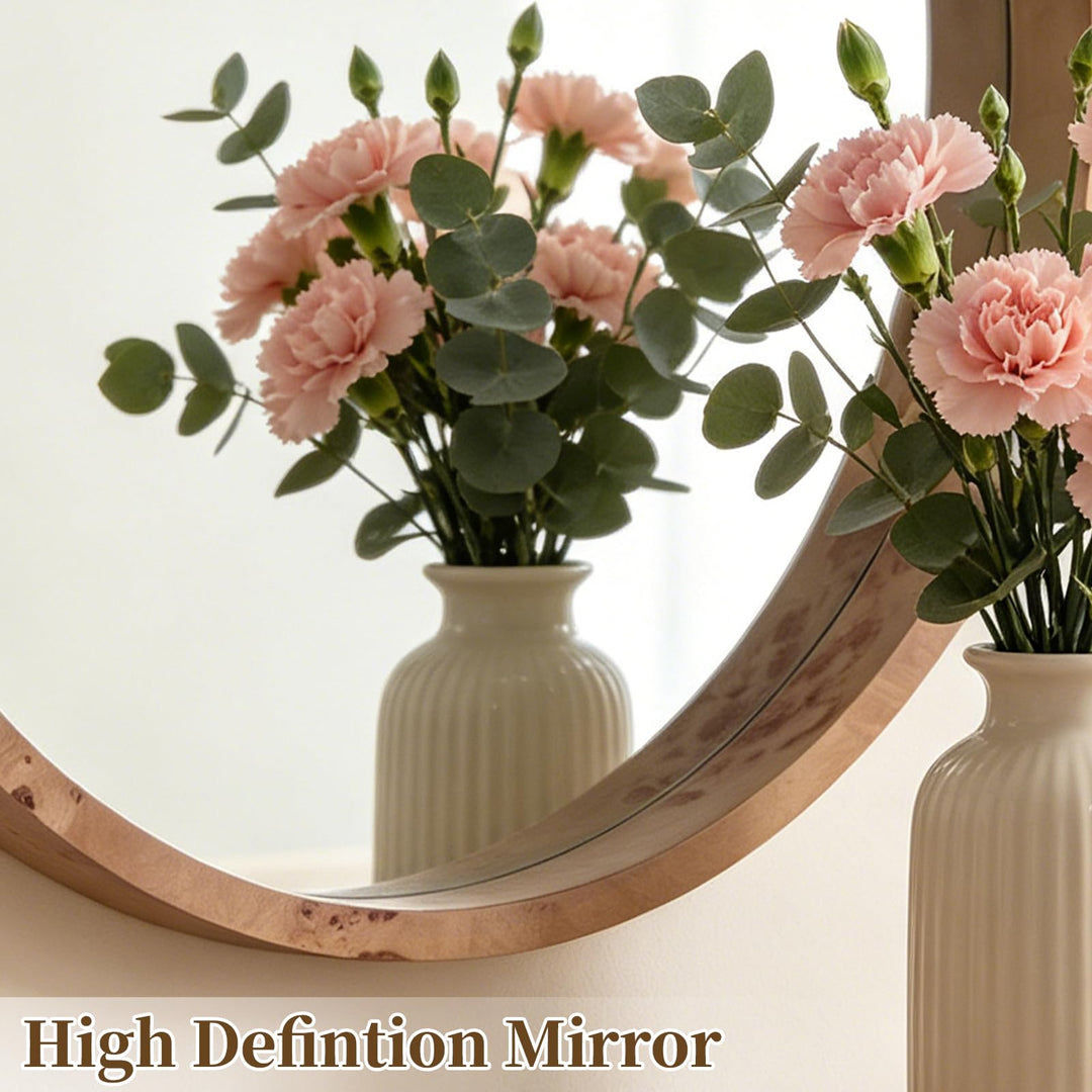 WallBeyond 24 Inch Round Wood Mirror, Burlwood Grain Wood Frame Circle Mirror, Versatile Wall Decor for Bathroom Vanity, Living Room, Bedroom and Entryway, Natural 