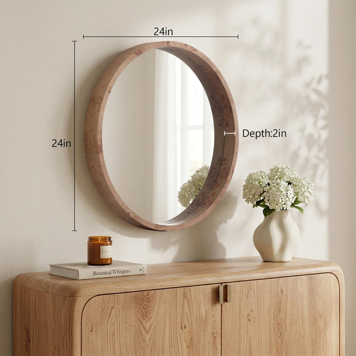 WallBeyond 24 Inch Round Wood Mirror, Burlwood Grain Wood Frame Circle Mirror, Versatile Wall Decor for Bathroom Vanity, Living Room, Bedroom and Entryway, Natural 