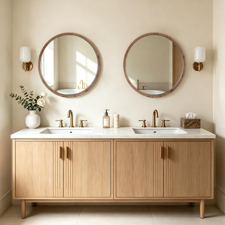 WallBeyond 24 Inch Round Wood Mirror, Burlwood Grain Wood Frame Circle Mirror, Versatile Wall Decor for Bathroom Vanity, Living Room, Bedroom and Entryway, Natural 