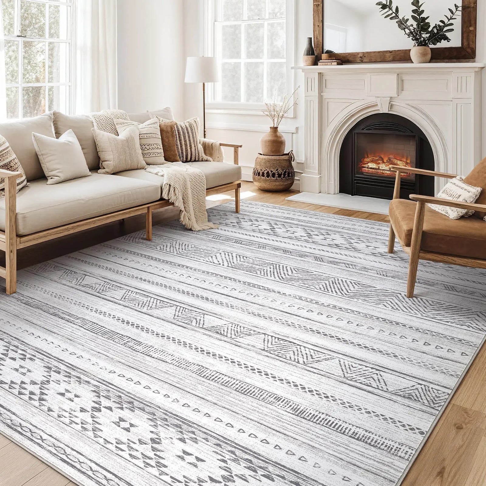Washable Boho Moroccan Modern Rug - Cream Grey 