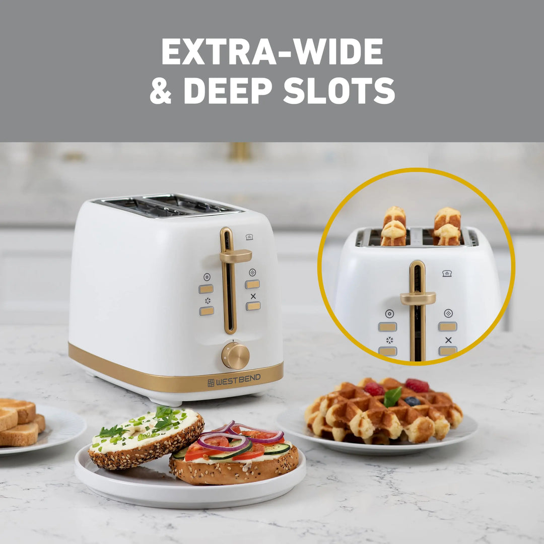 West Bend Timeless 2-Slice Toaster with 7 Browning Levels, White/Gold
