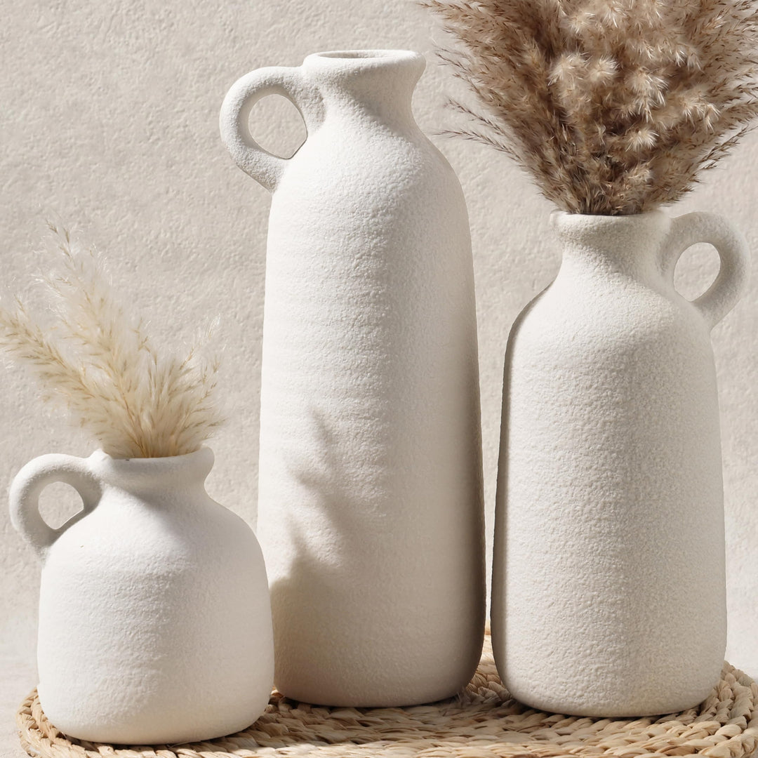 White Ceramic Vase Set of 3 with Handle, Waterproof Vases for Pampas Grass 