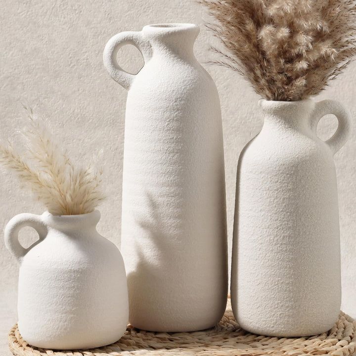 White Ceramic Vase Set of 3 with Handle, Waterproof Vases for Pampas Grass 