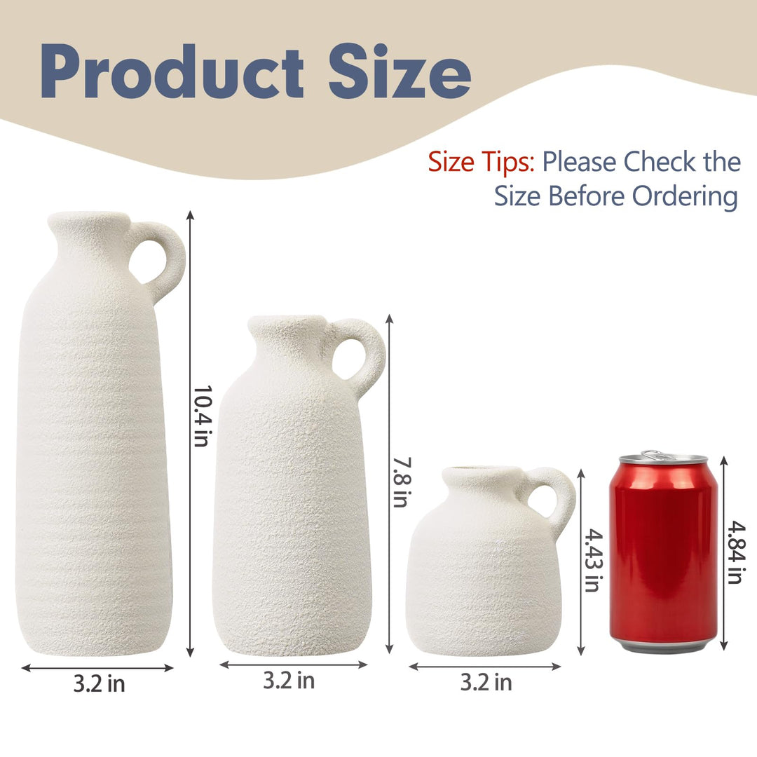 White Ceramic Vase Set of 3 with Handle, Waterproof Vases for Pampas Grass 