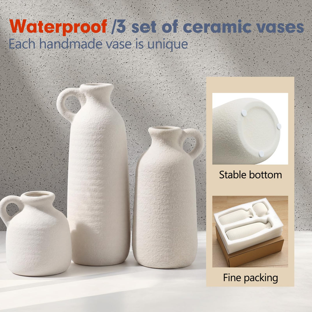 White Ceramic Vase Set of 3 with Handle, Waterproof Vases for Pampas Grass 