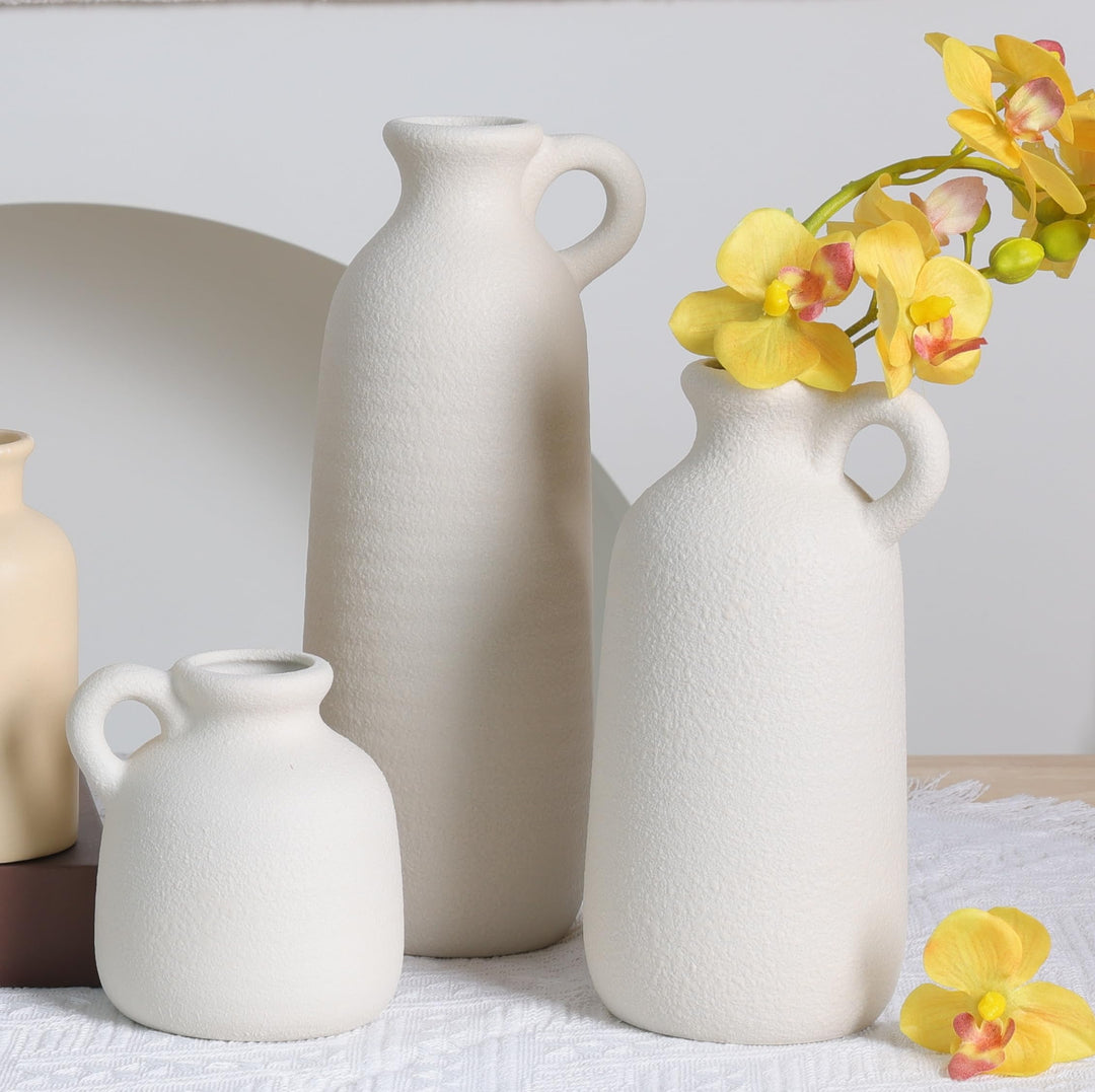 White Ceramic Vase Set of 3 with Handle, Waterproof Vases for Pampas Grass 