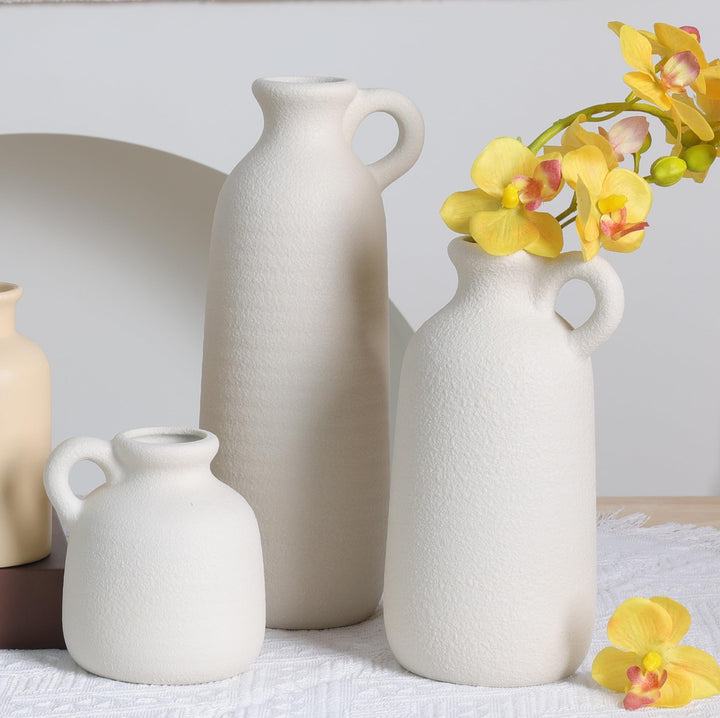 White Ceramic Vase Set of 3 with Handle, Waterproof Vases for Pampas Grass 