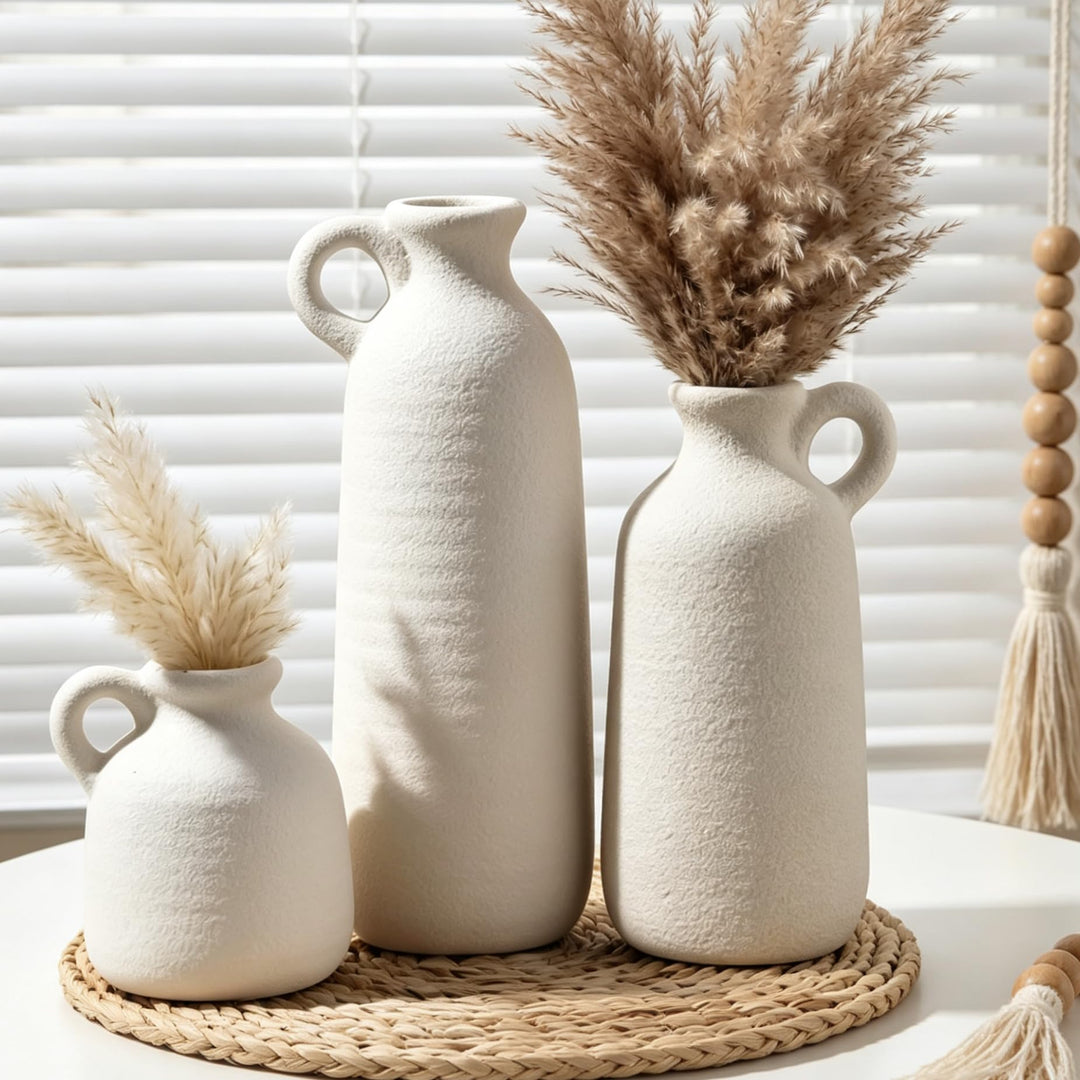 White Ceramic Vase Set of 3 with Handle, Waterproof Vases for Pampas Grass 