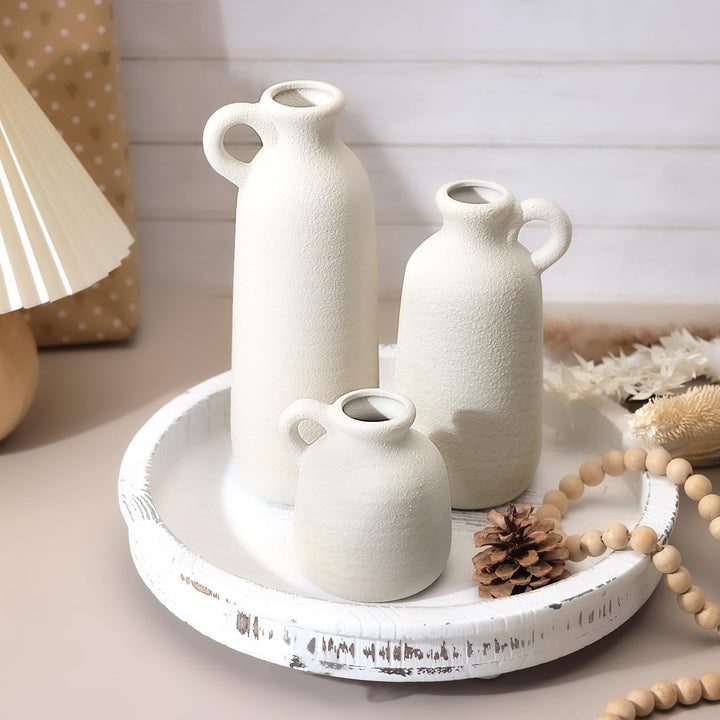 White Ceramic Vase Set of 3 with Handle, Waterproof Vases for Pampas Grass 