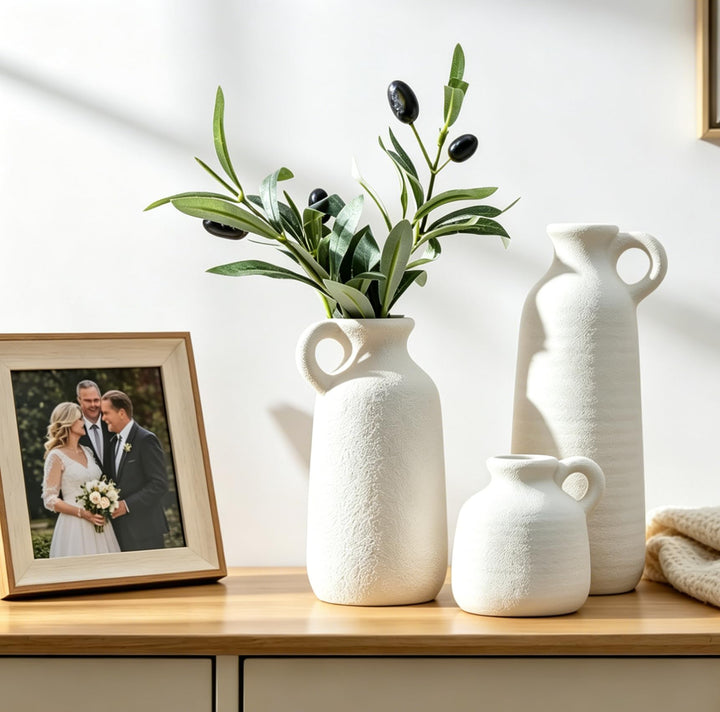 White Ceramic Vase Set of 3 with Handle, Waterproof Vases for Pampas Grass 