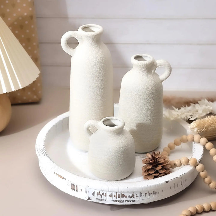 White Ceramic Vase Set of 3 with Handle, Waterproof Vases for Pampas Grass 