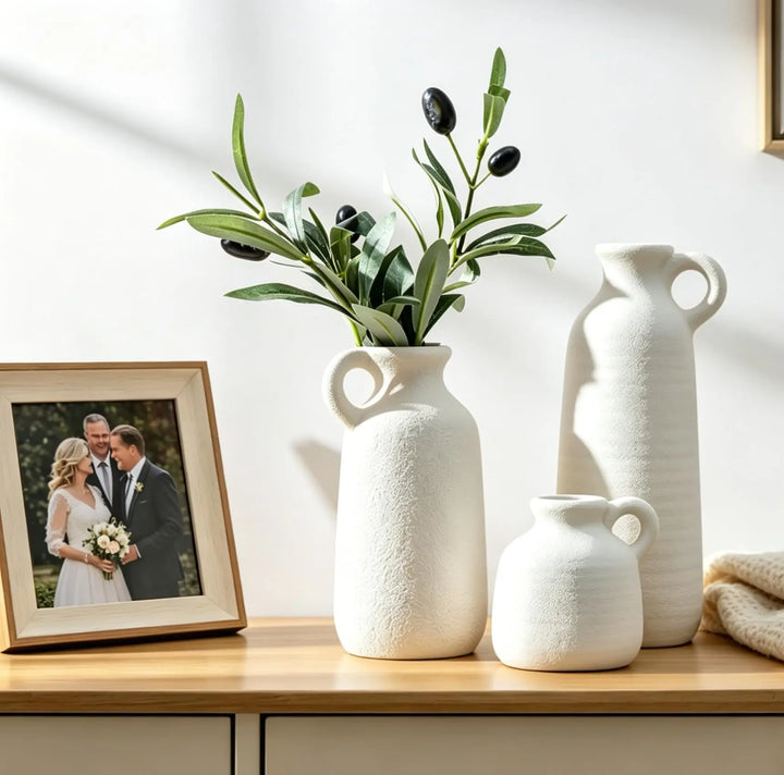 White Ceramic Vase Set of 3 with Handle, Waterproof Vases for Pampas Grass 