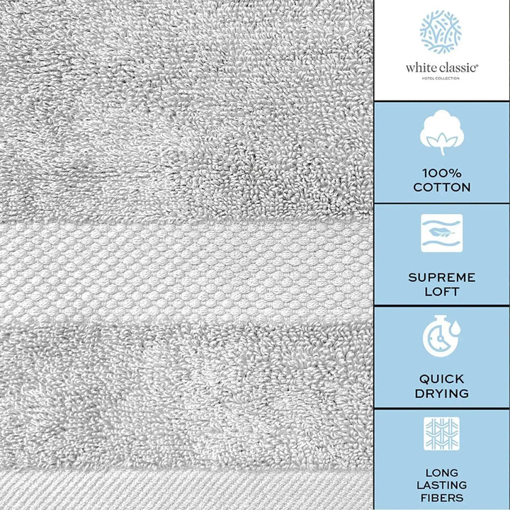 White Classic Luxury Silver Bath Towel Set - Combed Cotton Hotel Quality Absorbent 8 Piece Towels | 2 Bath Towels | 2 Hand Towels | 4 Washcloths [Worth $72.95] 8 Pack | Silver 