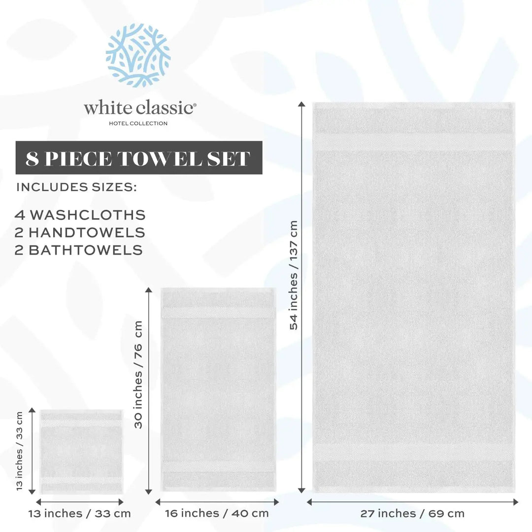 White Classic Luxury Silver Bath Towel Set - Combed Cotton Hotel Quality Absorbent 8 Piece Towels | 2 Bath Towels | 2 Hand Towels | 4 Washcloths [Worth $72.95] 8 Pack | Silver 
