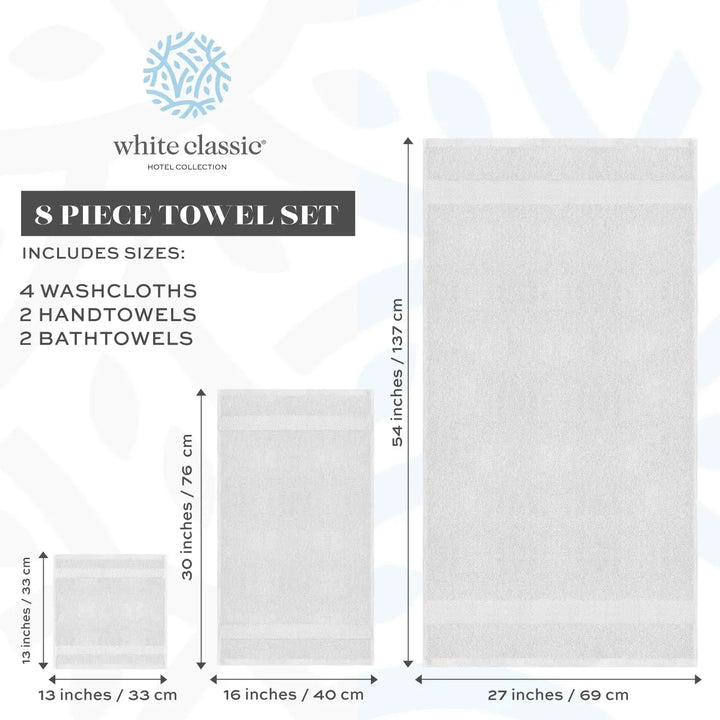 White Classic Luxury Silver Bath Towel Set - Combed Cotton Hotel Quality Absorbent 8 Piece Towels | 2 Bath Towels | 2 Hand Towels | 4 Washcloths [Worth $72.95] 8 Pack | Silver 