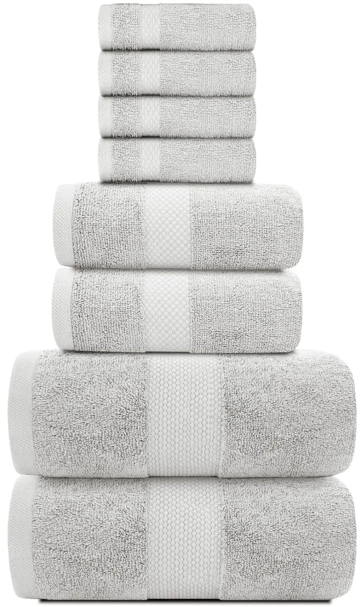 White Classic Luxury Silver Bath Towel Set - Combed Cotton Hotel Quality Absorbent 8 Piece Towels | 2 Bath Towels | 2 Hand Towels | 4 Washcloths [Worth $72.95] 8 Pack | Silver 