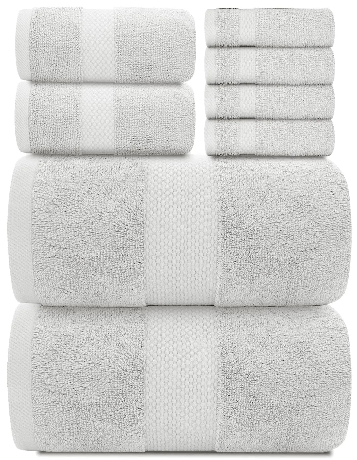 White Classic Luxury Silver Bath Towel Set - Combed Cotton Hotel Quality Absorbent 8 Piece Towels | 2 Bath Towels | 2 Hand Towels | 4 Washcloths [Worth $72.95] 8 Pack | Silver 