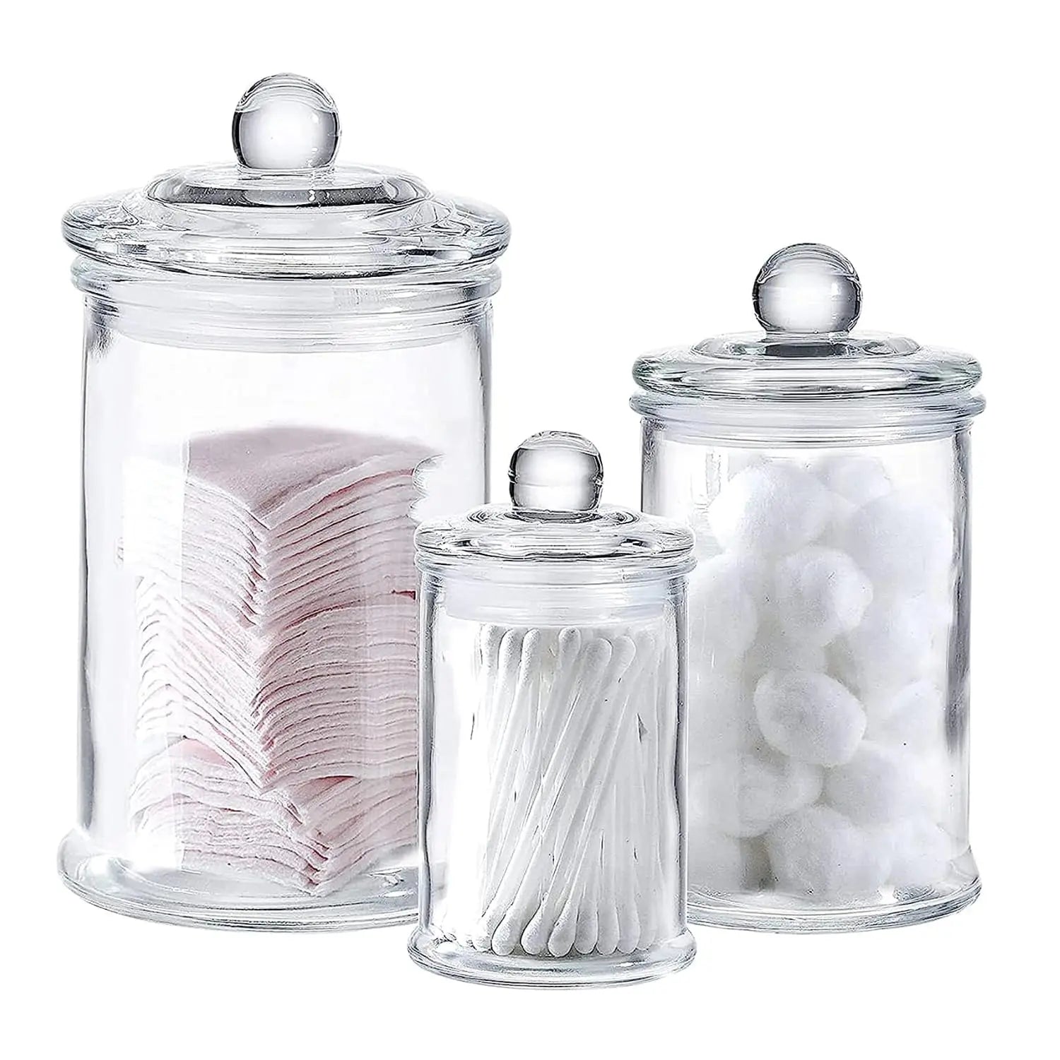 Whole Housewares | Set of 3 Bathroom Canisters - Storage Container Jars - Premium Glass Apothecary Jars with Lids - Small Glass Jars for Kitchen or Bathroom Storage - Decorative Crystal Containers 