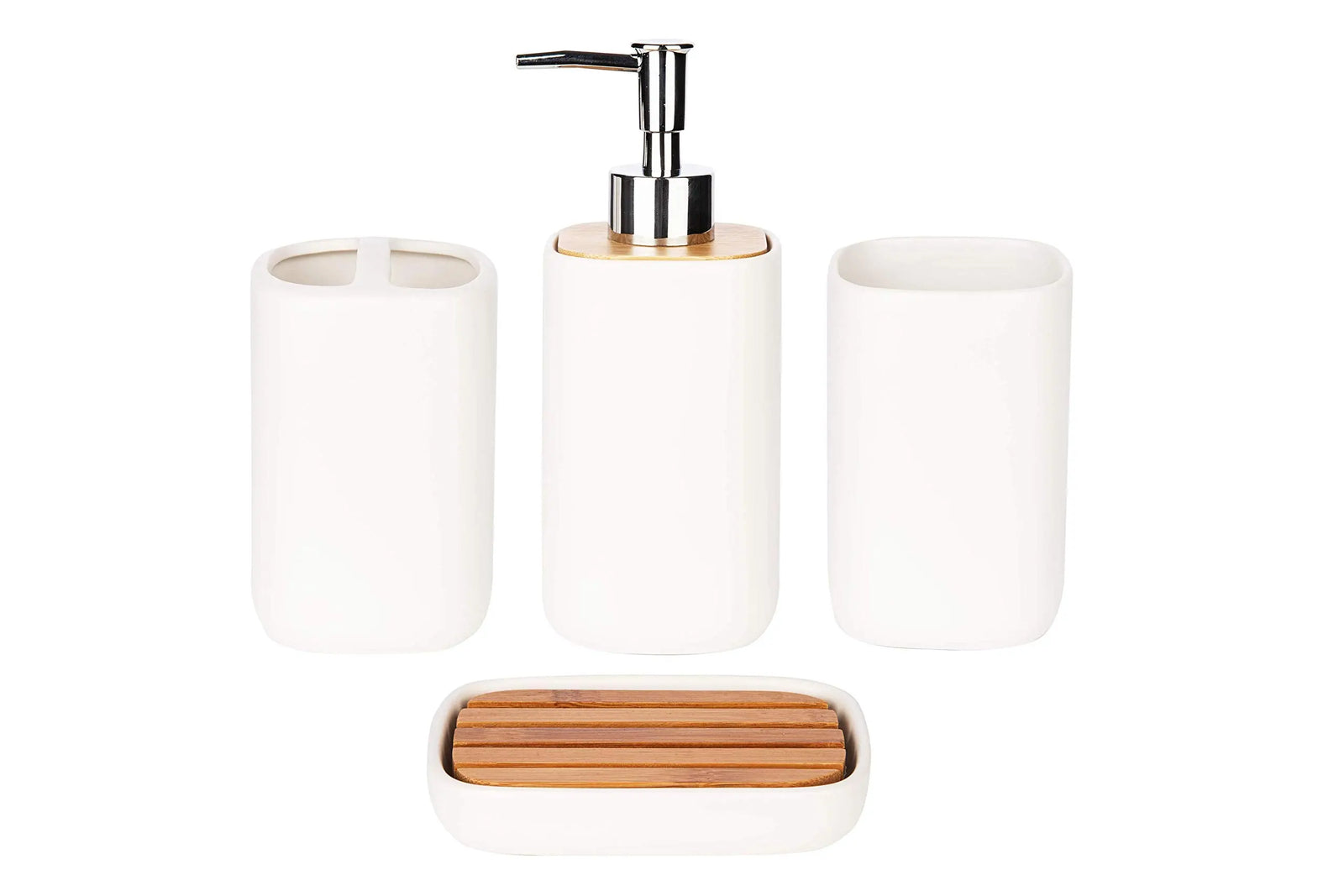 Wodlo - 4-Piece Ceramic with Bamboo Bathroom Accessories Set - Complete Bath Accessory Sets Includes Soap Dispenser, Toothbrush Holder, Tumbler, Soap Dish, (White) 