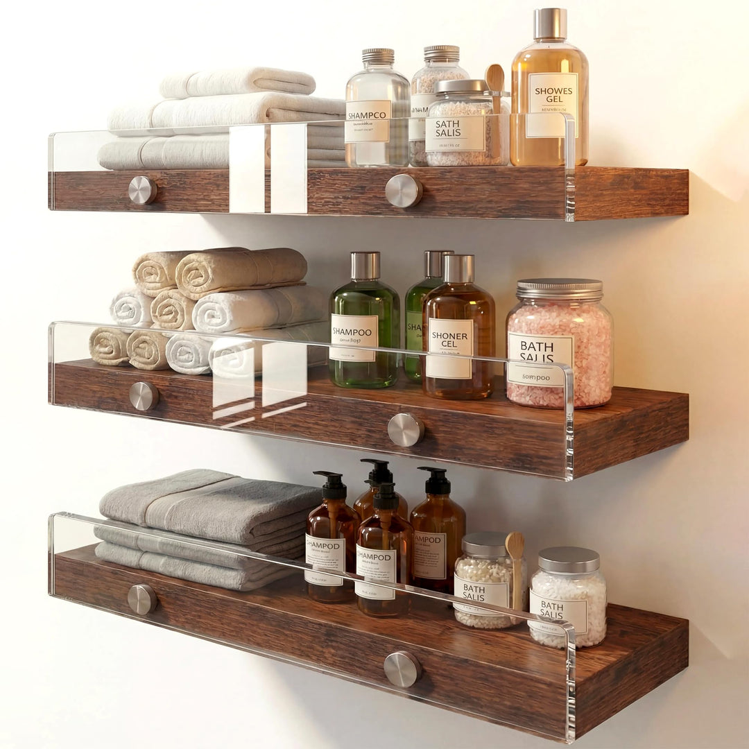 Wood Floating Shelves with Acrylic Front Lip, Rustic Shelf 15.7 inch, Floating Shelf for Wall Mounted Set of 3, Wide Wooden Wall Shelves for Living Room Bedroom Kitchen Bathroom, Brown, 15.7W x 5.8D 