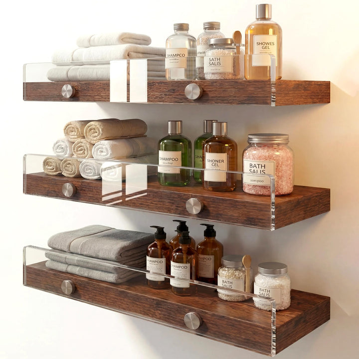 Wood Floating Shelves with Acrylic Front Lip, Rustic Shelf 15.7 inch, Floating Shelf for Wall Mounted Set of 3, Wide Wooden Wall Shelves for Living Room Bedroom Kitchen Bathroom, Brown, 15.7W x 5.8D 