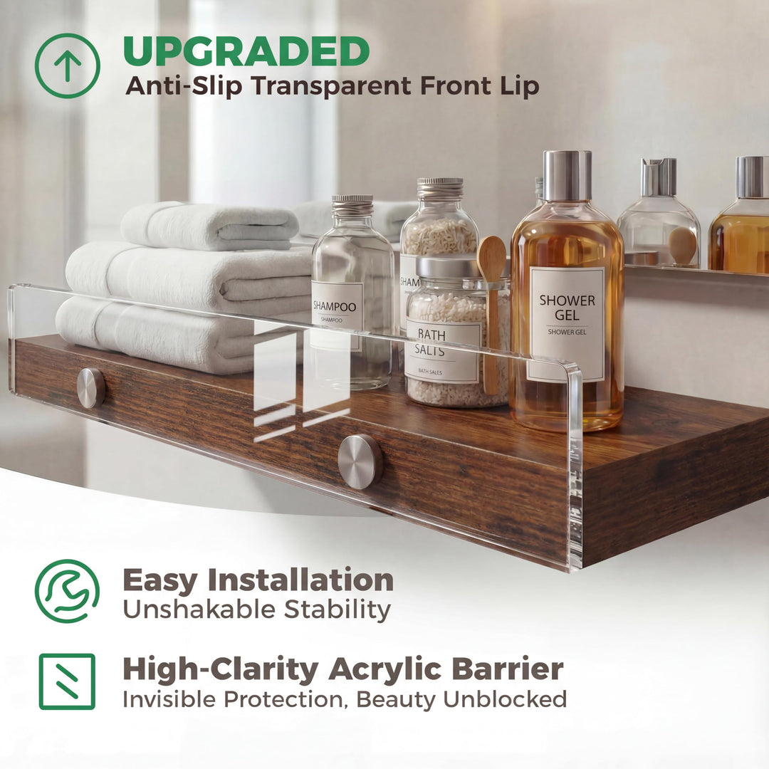 Wood Floating Shelves with Acrylic Front Lip, Rustic Shelf 15.7 inch, Floating Shelf for Wall Mounted Set of 3, Wide Wooden Wall Shelves for Living Room Bedroom Kitchen Bathroom, Brown, 15.7W x 5.8D 