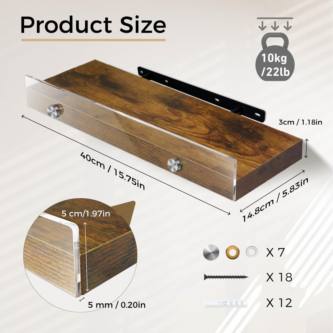 Wood Floating Shelves with Acrylic Front Lip, Rustic Shelf 15.7 inch, Floating Shelf for Wall Mounted Set of 3, Wide Wooden Wall Shelves for Living Room Bedroom Kitchen Bathroom, Brown, 15.7W x 5.8D 