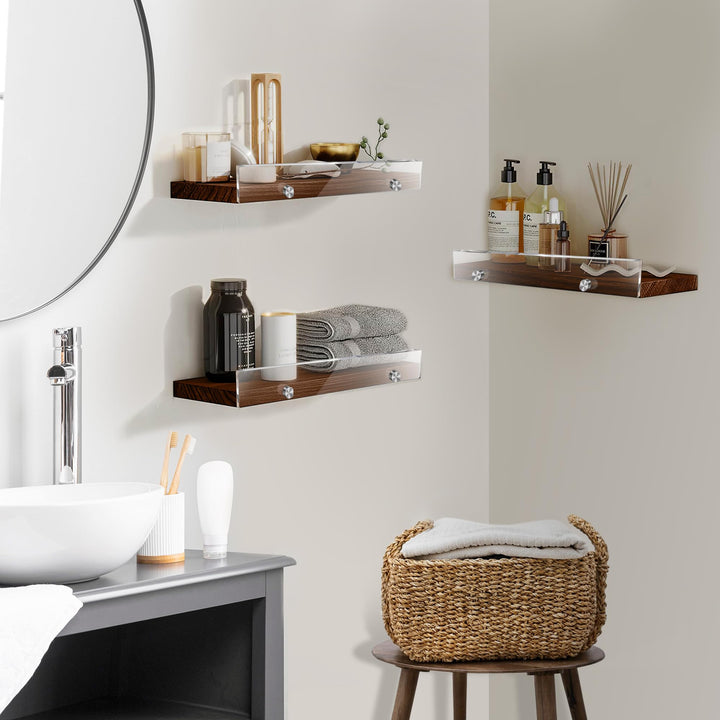 Wood Floating Shelves with Acrylic Front Lip, Rustic Shelf 15.7 inch, Floating Shelf for Wall Mounted Set of 3, Wide Wooden Wall Shelves for Living Room Bedroom Kitchen Bathroom, Brown, 15.7W x 5.8D 