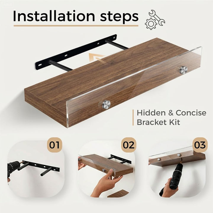 Wood Floating Shelves with Acrylic Front Lip, Rustic Shelf 15.7 inch, Floating Shelf for Wall Mounted Set of 3, Wide Wooden Wall Shelves for Living Room Bedroom Kitchen Bathroom, Brown, 15.7W x 5.8D 