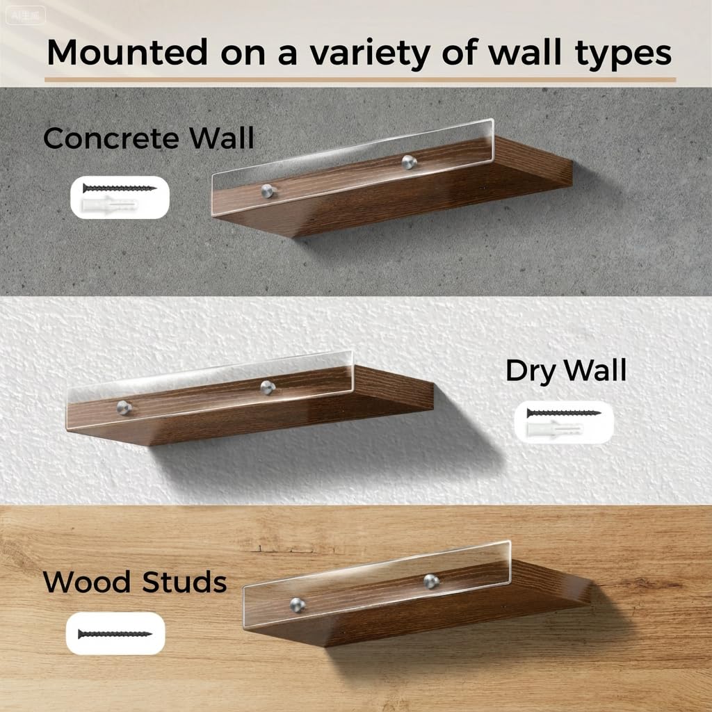 Wood Floating Shelves with Acrylic Front Lip, Rustic Shelf 15.7 inch, Floating Shelf for Wall Mounted Set of 3, Wide Wooden Wall Shelves for Living Room Bedroom Kitchen Bathroom, Brown, 15.7W x 5.8D 
