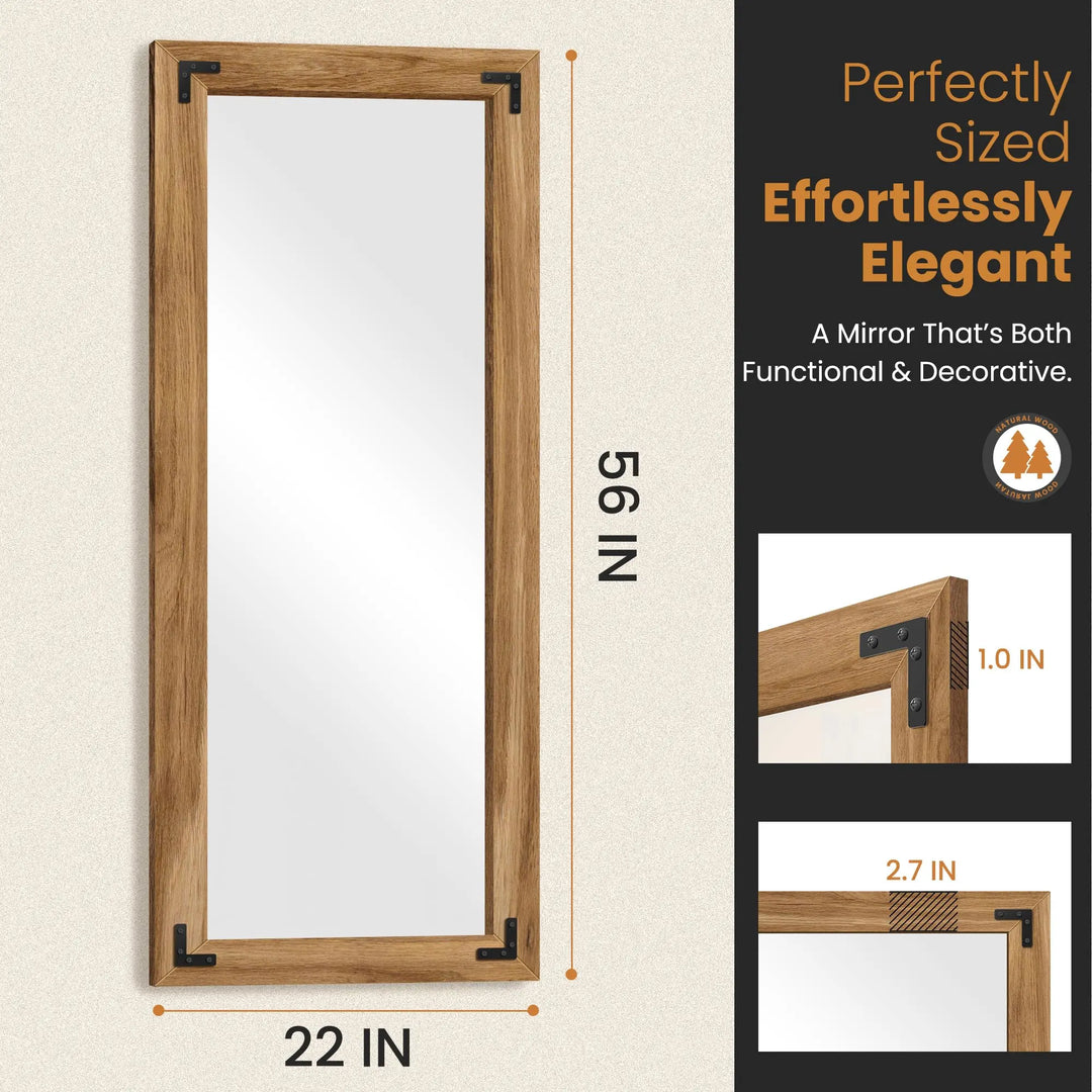 Wood Framed Full Length Mirror for Wall, 56x22 Inch Floor Standing Body Mirror, Brown