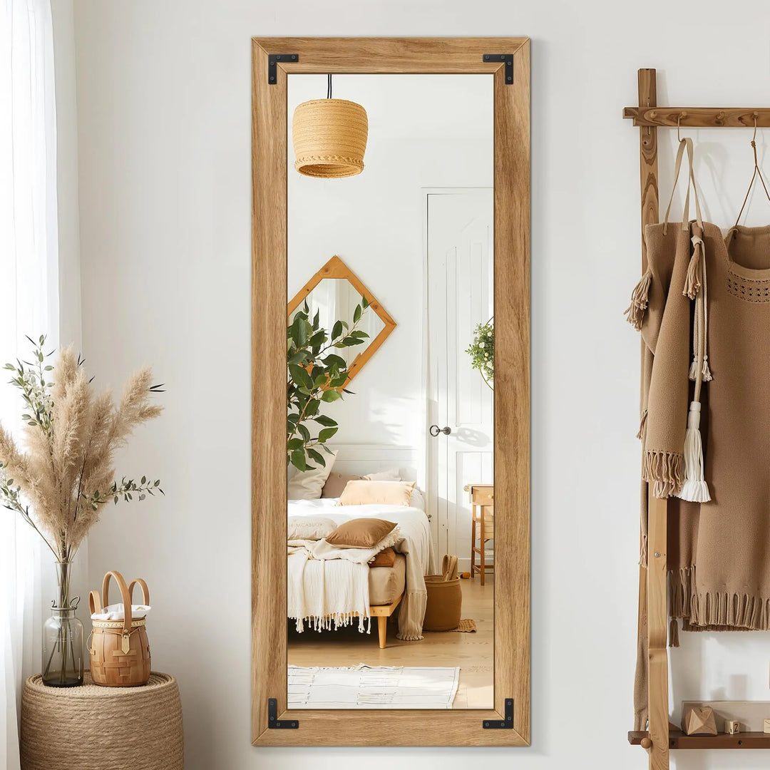 Wood Framed Full Length Mirror for Wall, 56x22 Inch Floor Standing Body Mirror, Brown