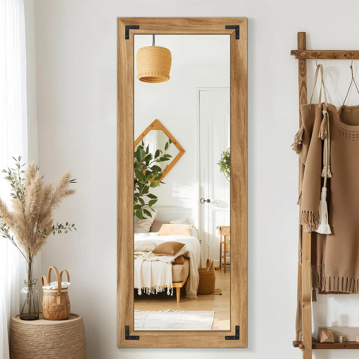 Wood Framed Full Length Mirror for Wall, 56x22 Inch Floor Standing Body Mirror, Brown